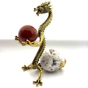 Metal Dragon Display Stand with Red Jasper & White Snow Agate Crystal Spheres